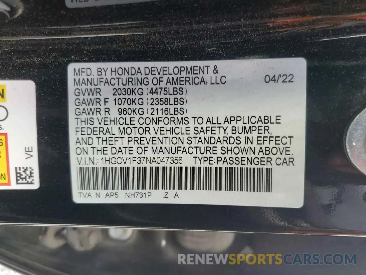 14 fotografías del automóvil dañado 1HGCV1F37NA047356 HONDA ACCORD 2022