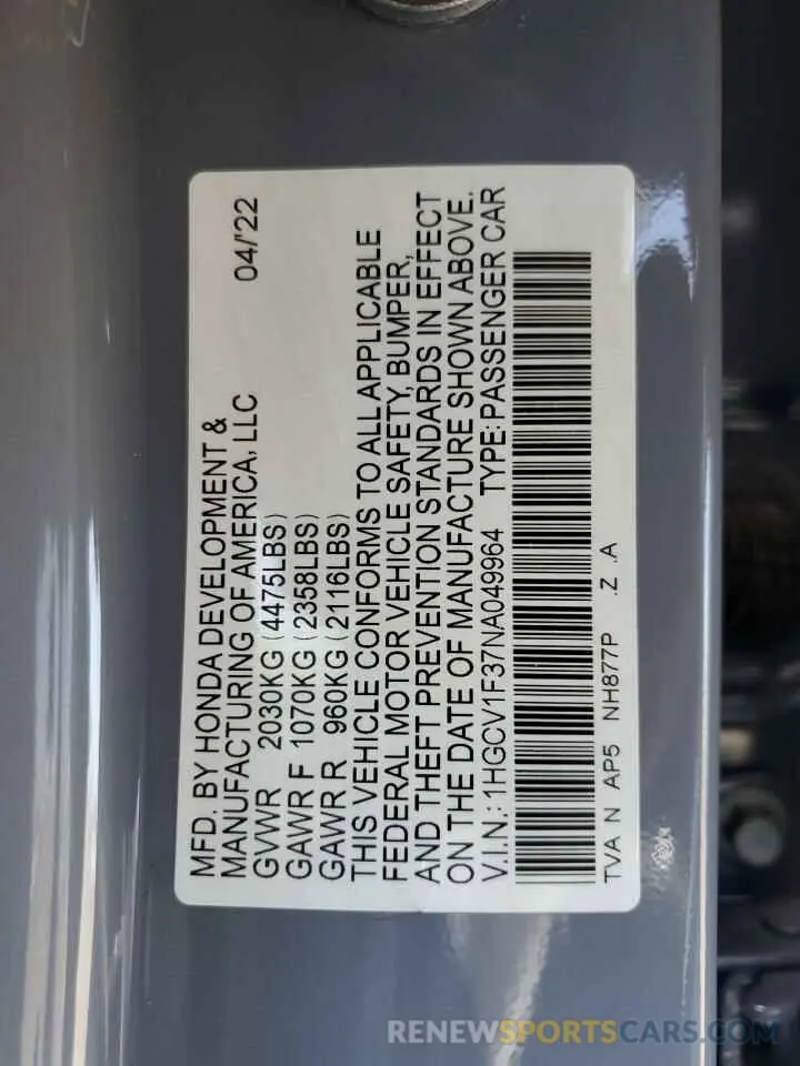 12 fotografías del automóvil dañado 1HGCV1F37NA049964 HONDA ACCORD 2022