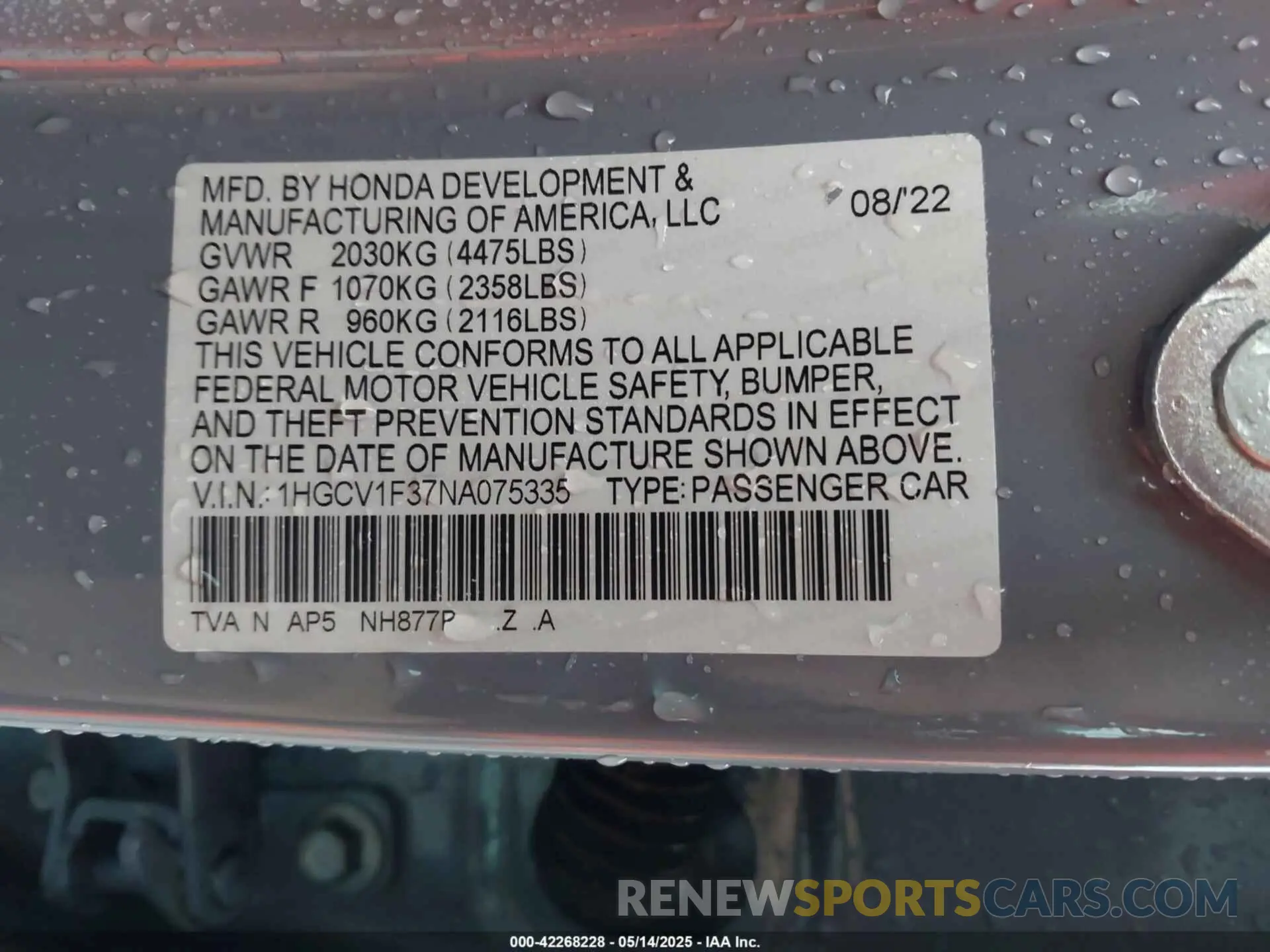 9 fotografías del automóvil dañado 1HGCV1F37NA075335 HONDA ACCORD 2022