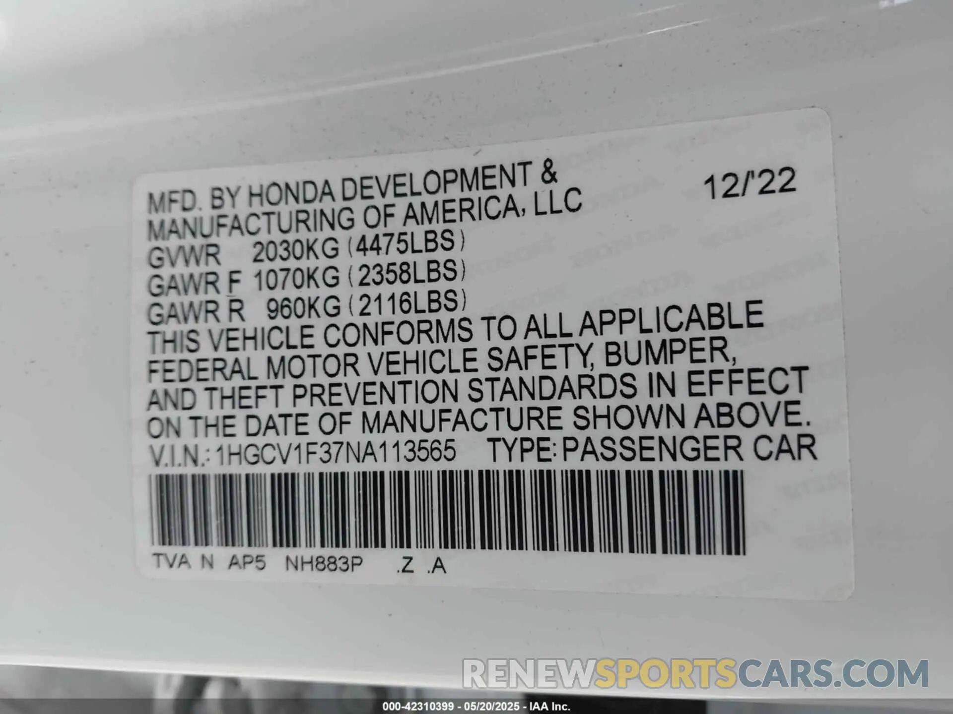 9 fotografías del automóvil dañado 1HGCV1F37NA113565 HONDA ACCORD 2022