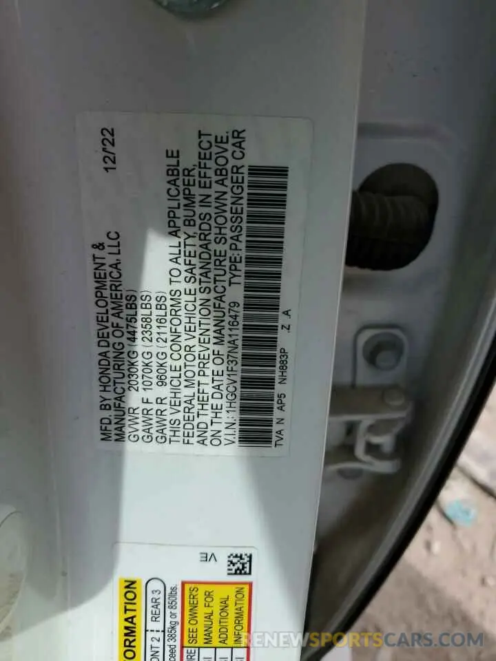 15 fotografías del automóvil dañado 1HGCV1F37NA116479 HONDA ACCORD 2022