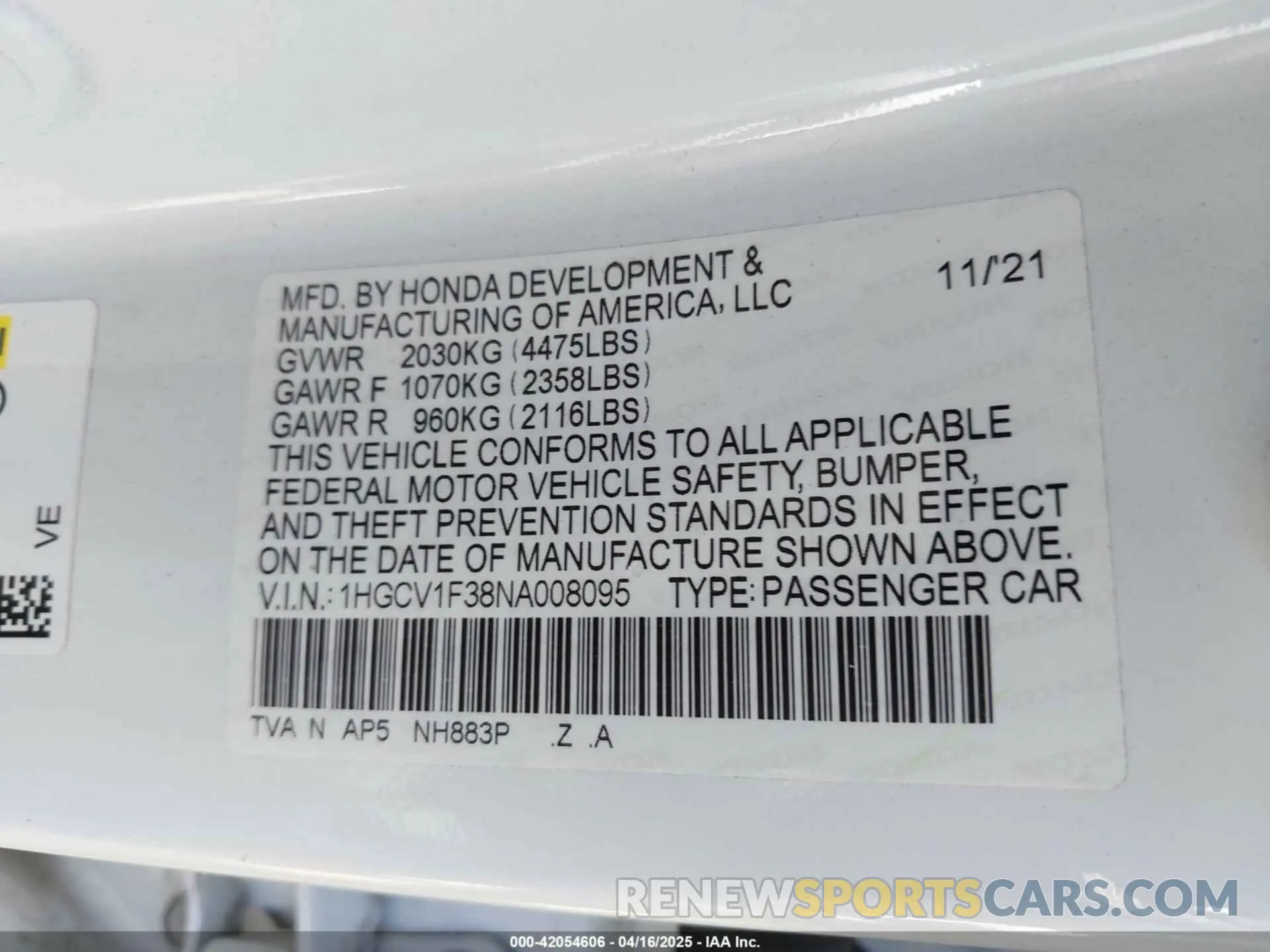9 fotografías del automóvil dañado 1HGCV1F38NA008095 HONDA ACCORD 2022