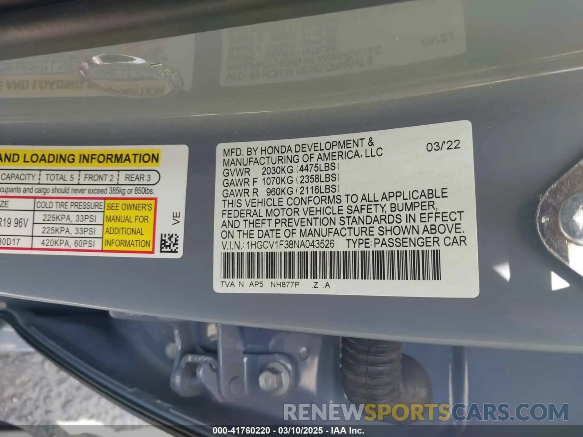 9 fotografías del automóvil dañado 1HGCV1F38NA043526 HONDA ACCORD 2022