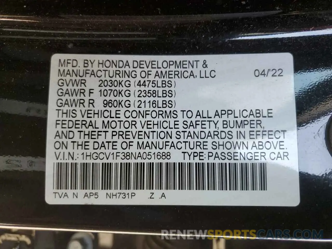 12 fotografías del automóvil dañado 1HGCV1F38NA051688 HONDA ACCORD 2022