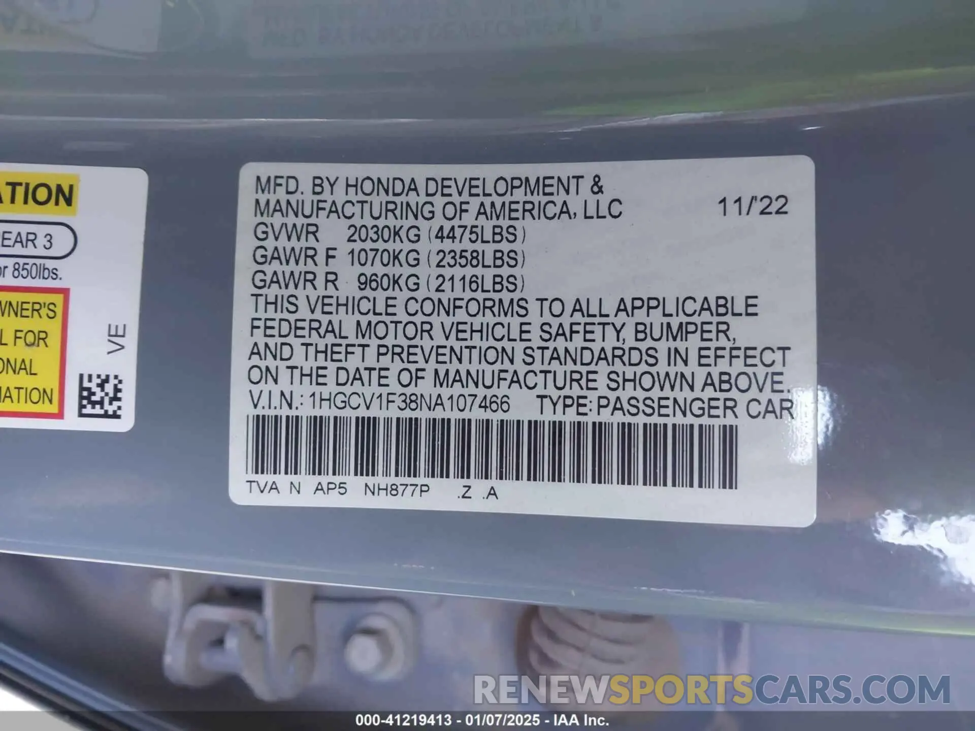 9 fotografías del automóvil dañado 1HGCV1F38NA107466 HONDA ACCORD 2022