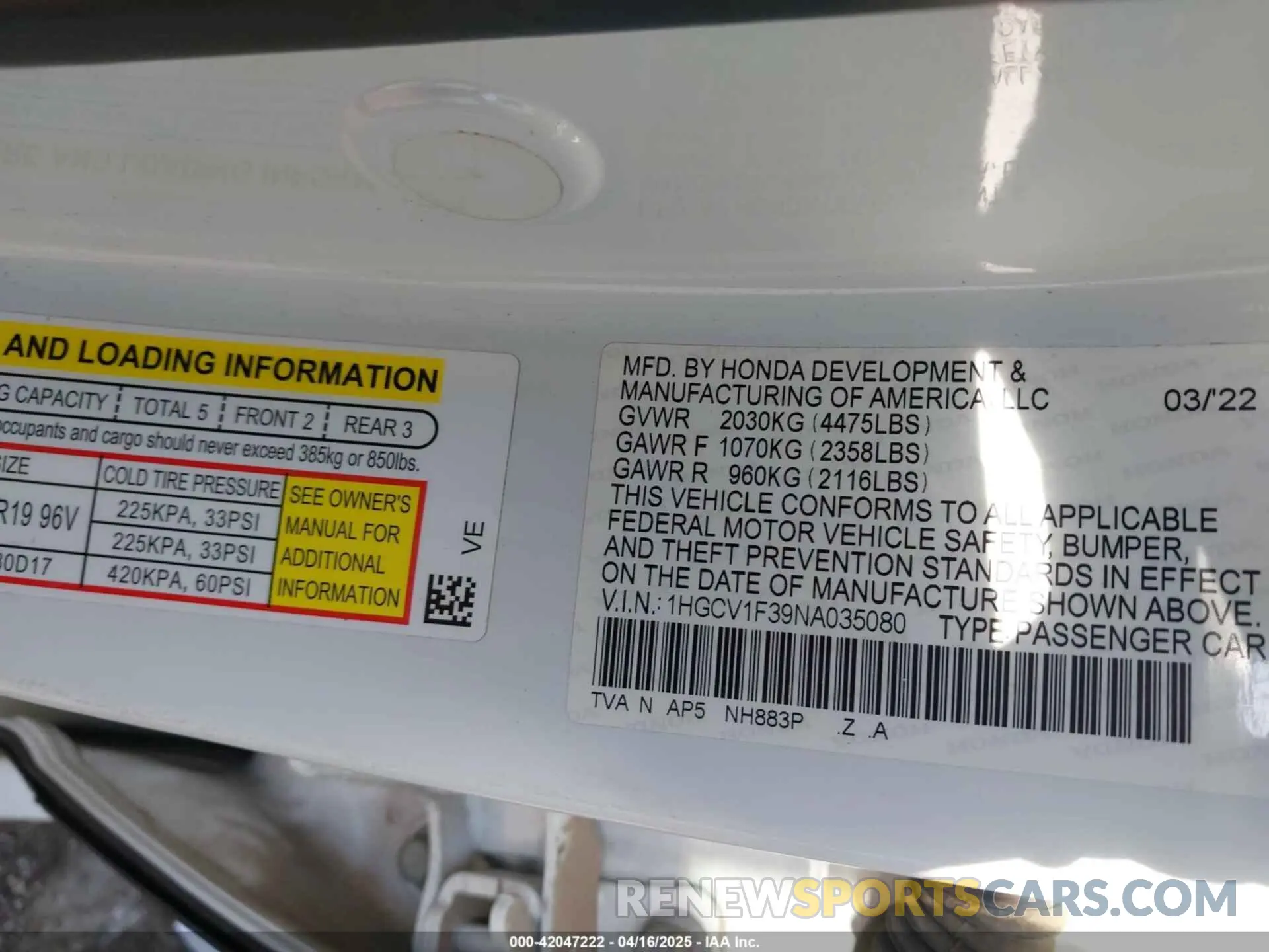 9 fotografías del automóvil dañado 1HGCV1F39NA035080 HONDA ACCORD 2022