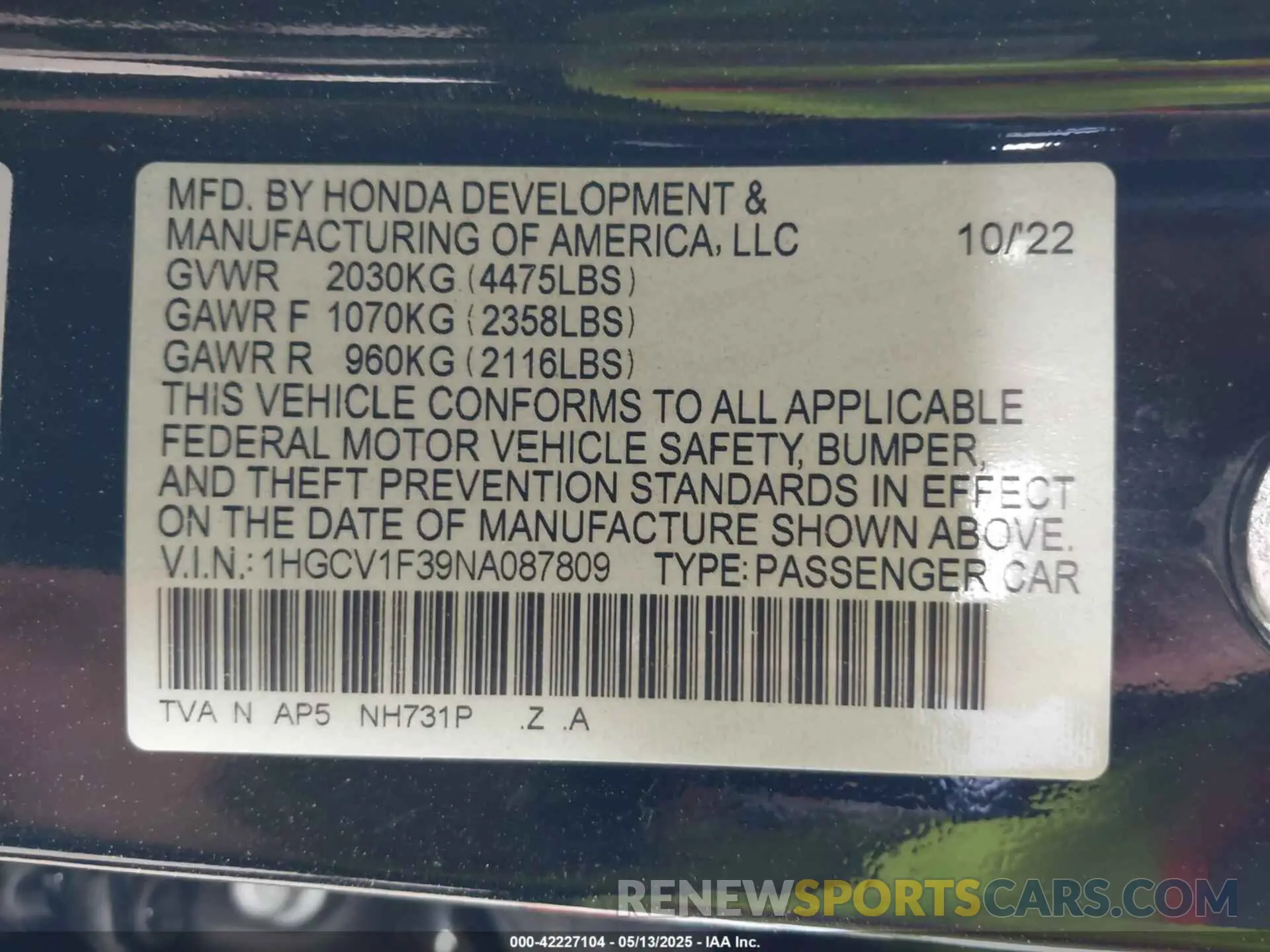 9 fotografías del automóvil dañado 1HGCV1F39NA087809 HONDA ACCORD 2022