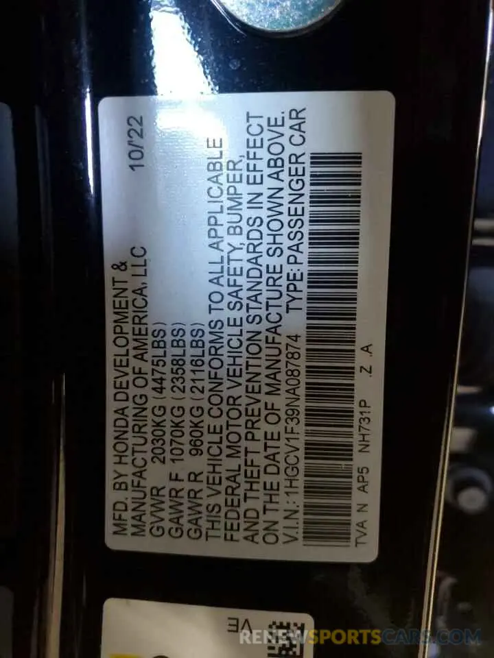 14 fotografías del automóvil dañado 1HGCV1F39NA087874 HONDA ACCORD 2022