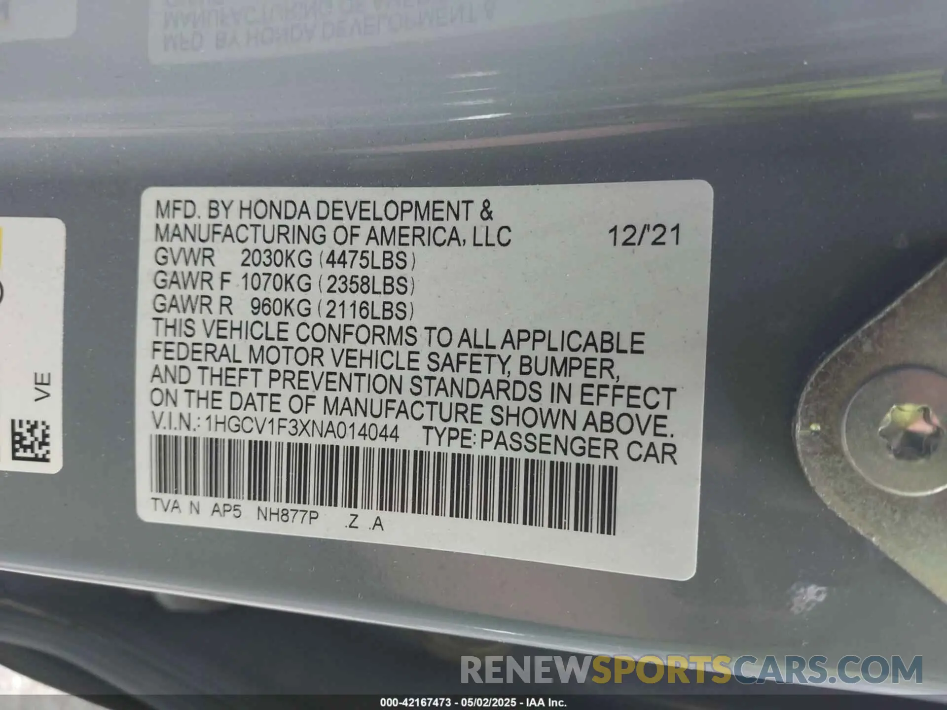 9 fotografías del automóvil dañado 1HGCV1F3XNA014044 HONDA ACCORD 2022