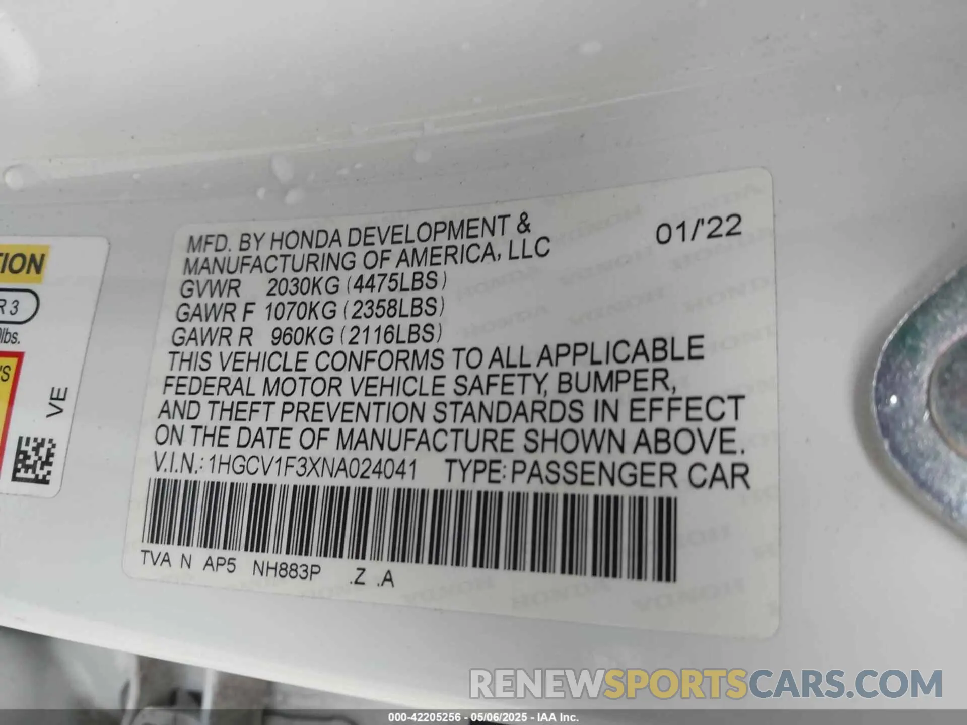 9 fotografías del automóvil dañado 1HGCV1F3XNA024041 HONDA ACCORD 2022