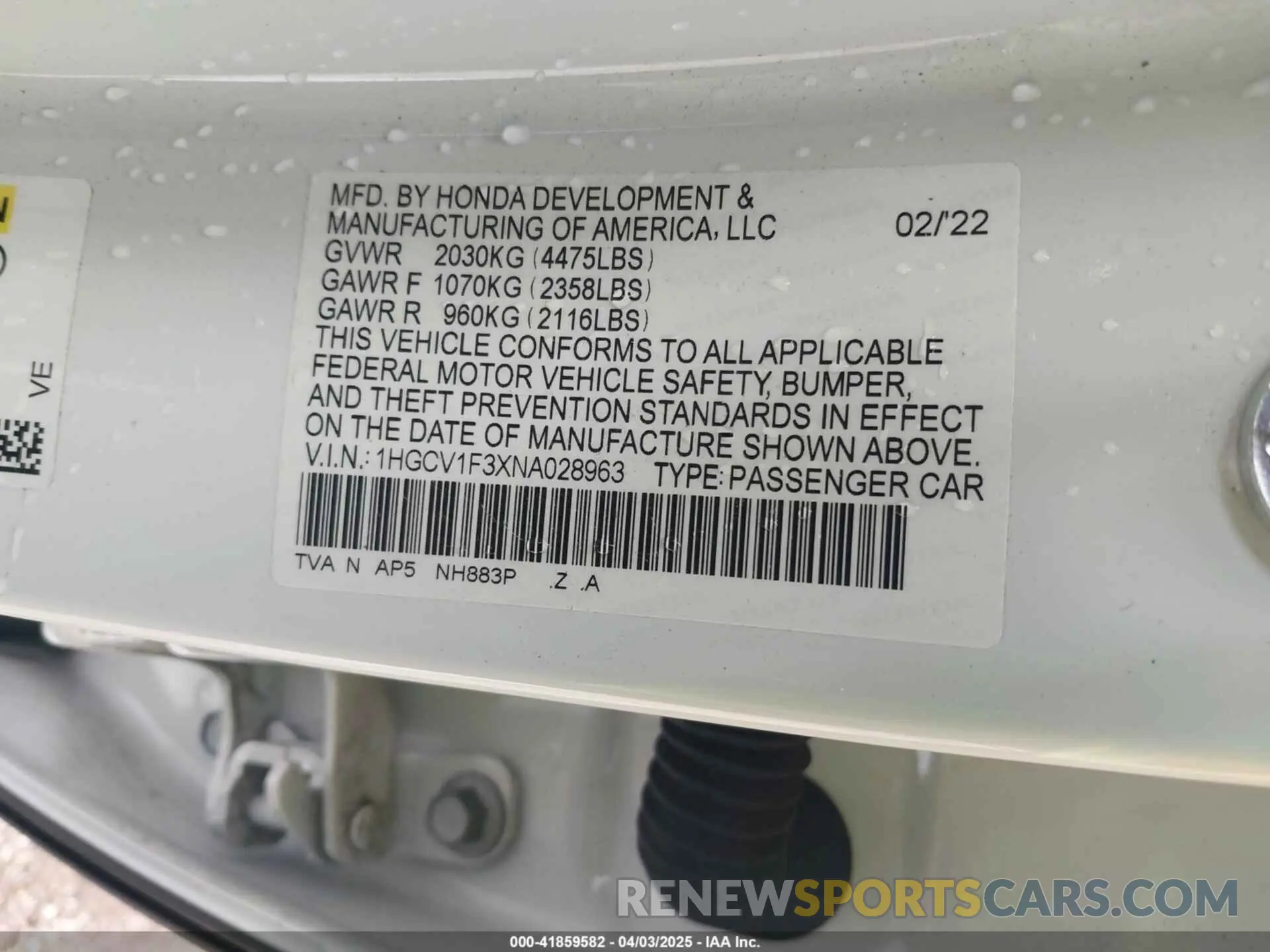 9 fotografías del automóvil dañado 1HGCV1F3XNA028963 HONDA ACCORD 2022