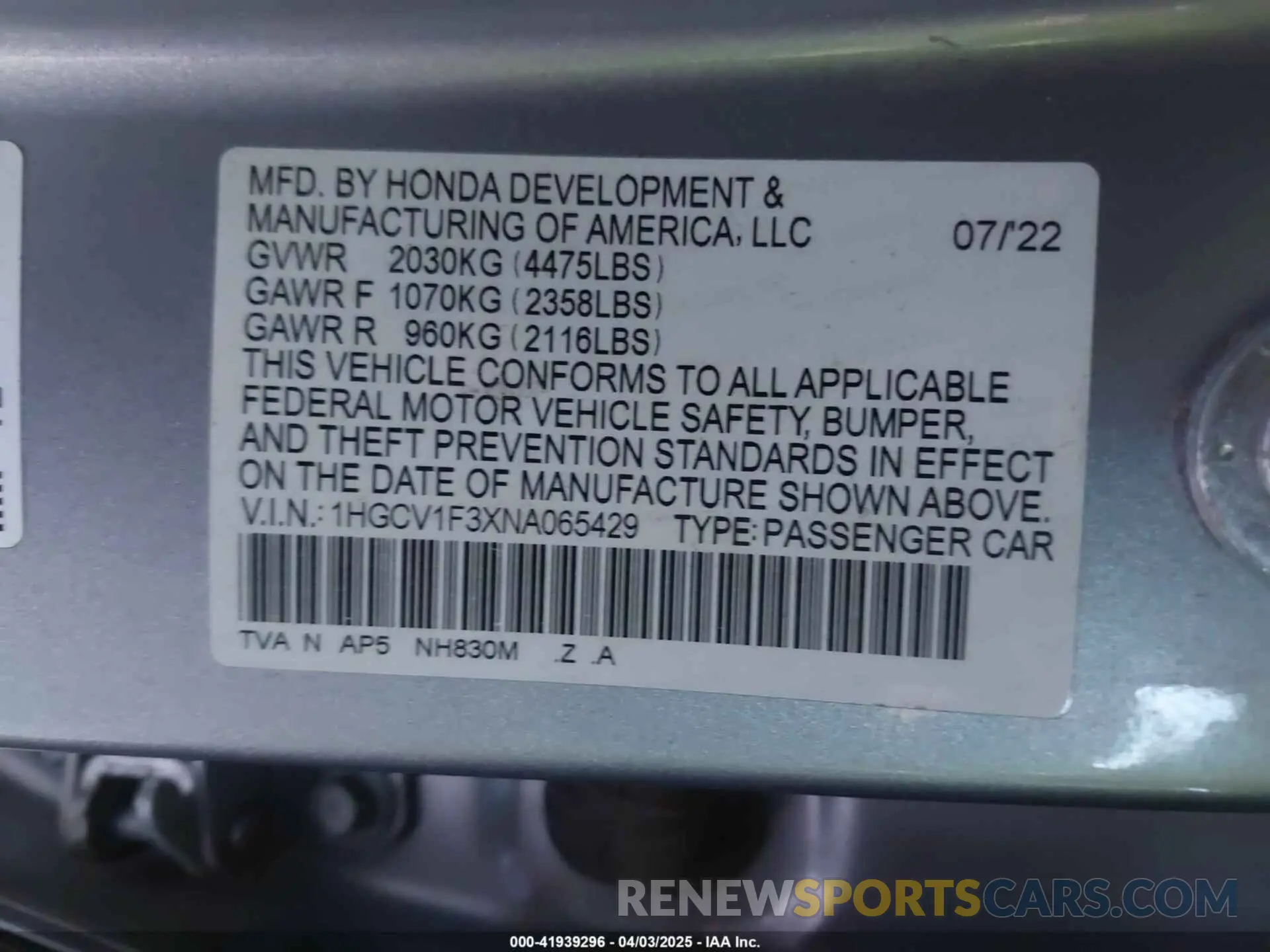 9 fotografías del automóvil dañado 1HGCV1F3XNA065429 HONDA ACCORD 2022