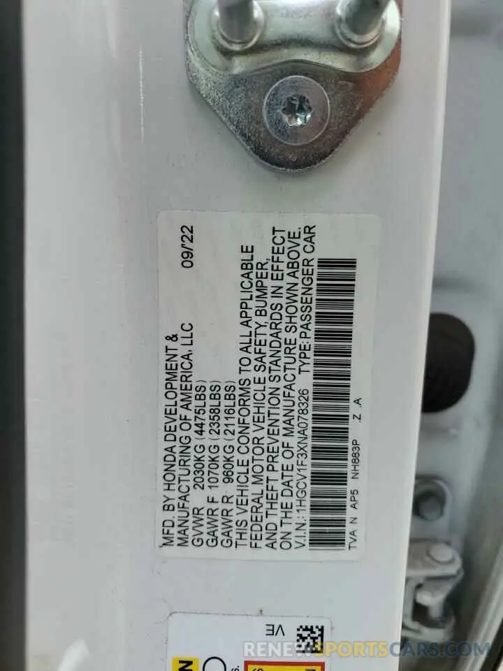 12 fotografías del automóvil dañado 1HGCV1F3XNA078326 HONDA ACCORD 2022