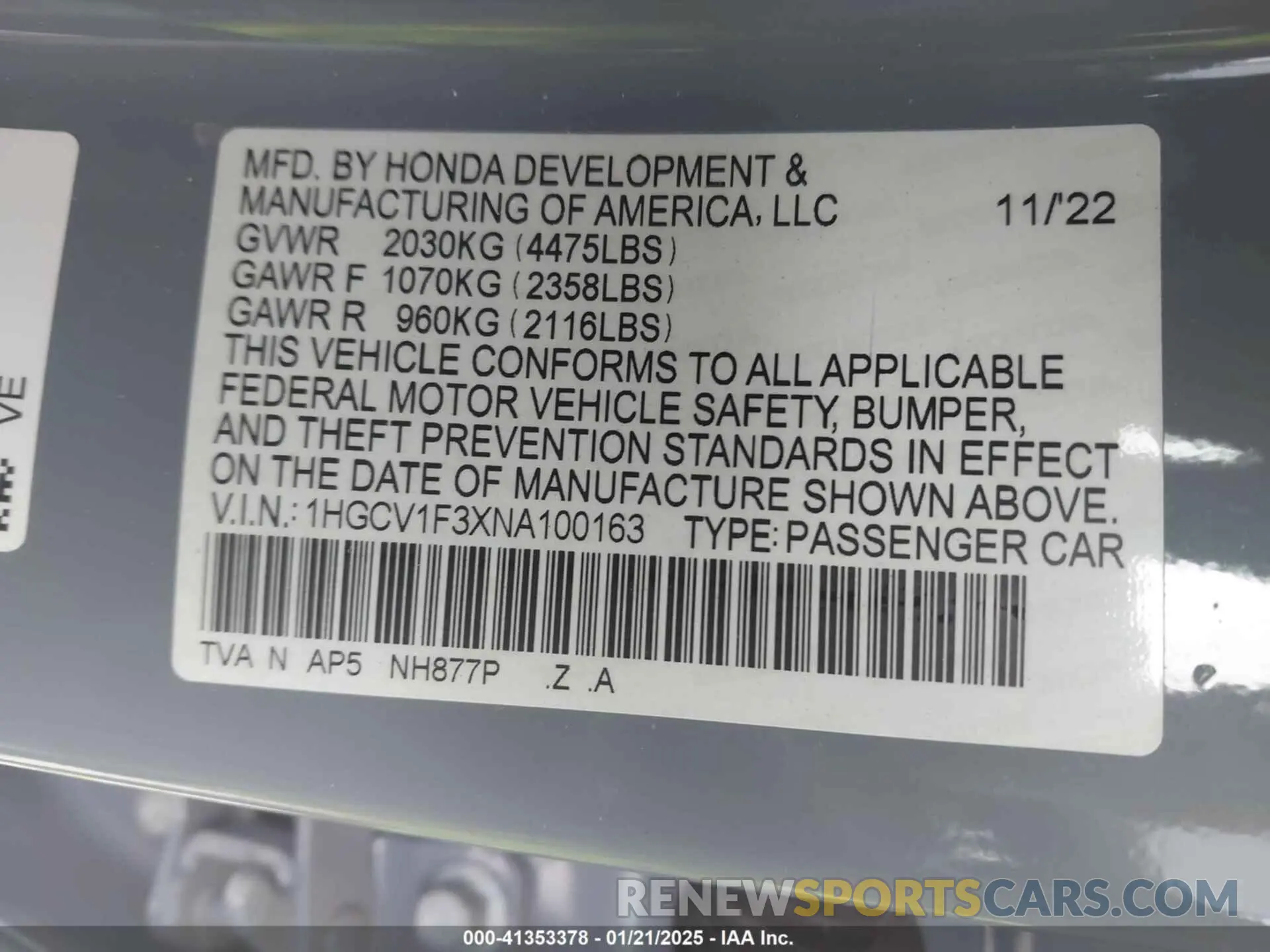 9 fotografías del automóvil dañado 1HGCV1F3XNA100163 HONDA ACCORD 2022