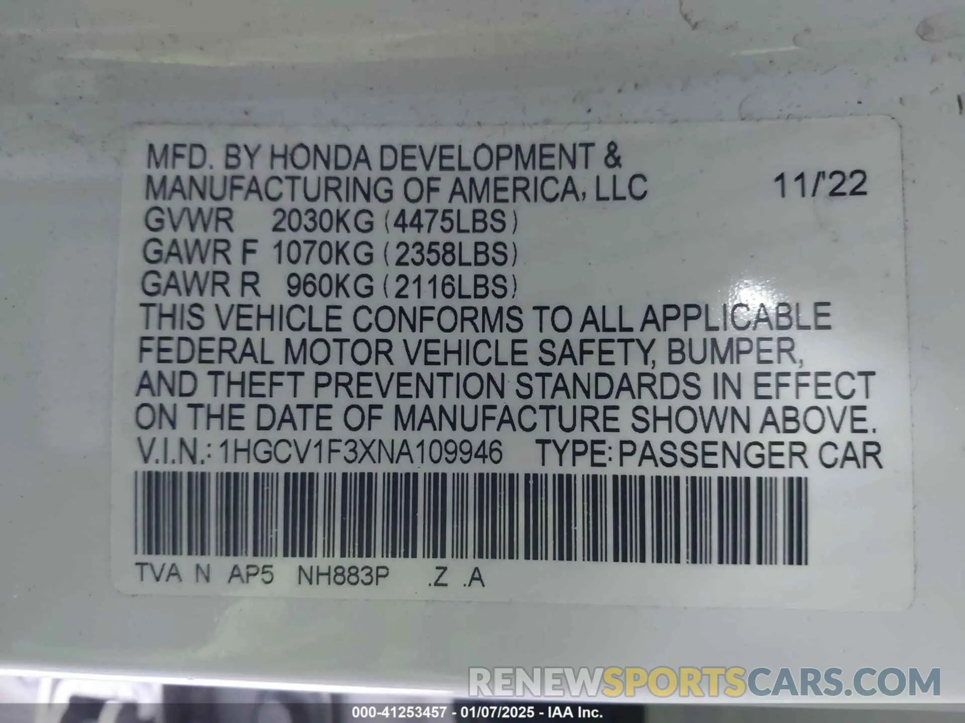 9 fotografías del automóvil dañado 1HGCV1F3XNA109946 HONDA ACCORD 2022