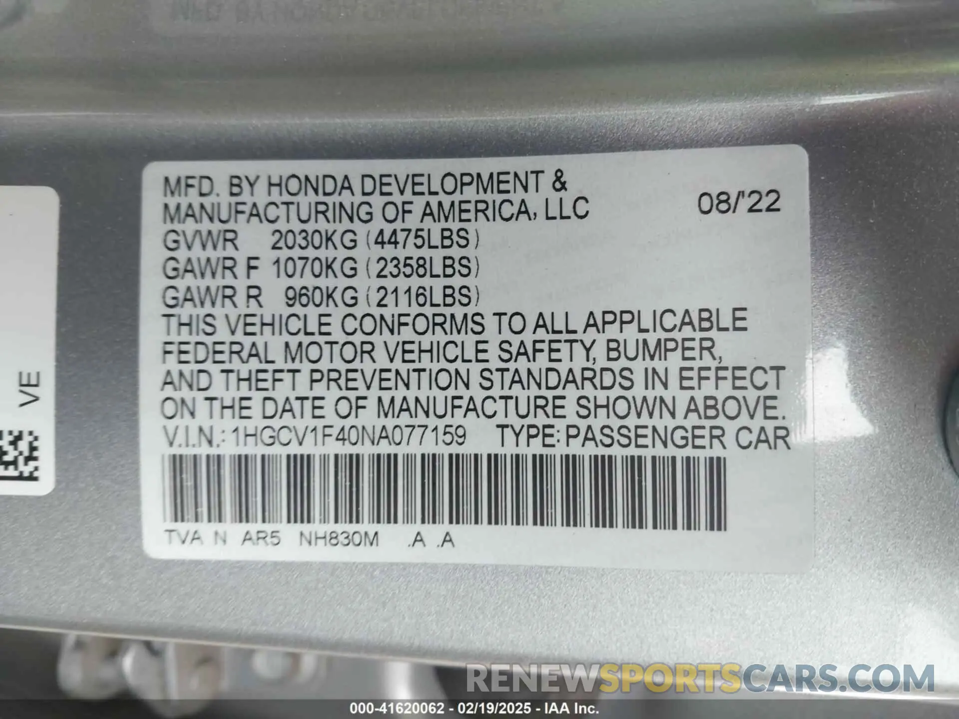 9 fotografías del automóvil dañado 1HGCV1F40NA077159 HONDA ACCORD 2022