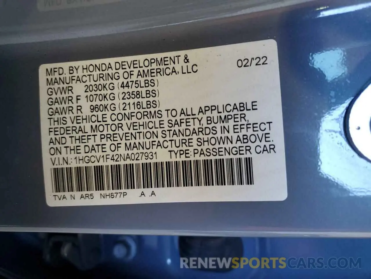 14 fotografías del automóvil dañado 1HGCV1F42NA027931 HONDA ACCORD 2022