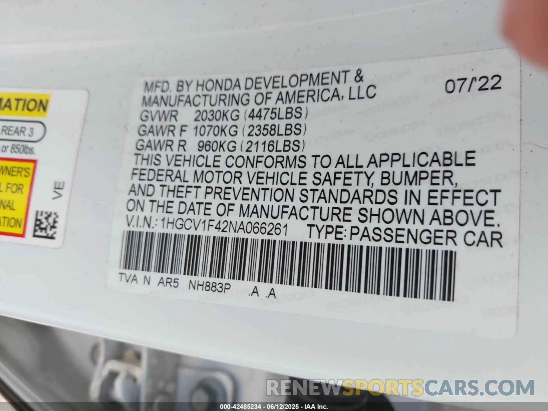 9 fotografías del automóvil dañado 1HGCV1F42NA066261 HONDA ACCORD 2022