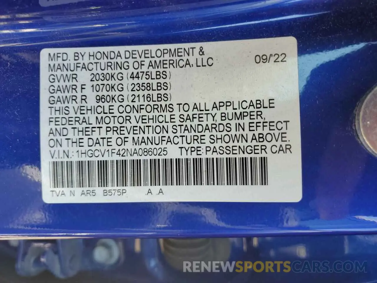12 fotografías del automóvil dañado 1HGCV1F42NA086025 HONDA ACCORD 2022