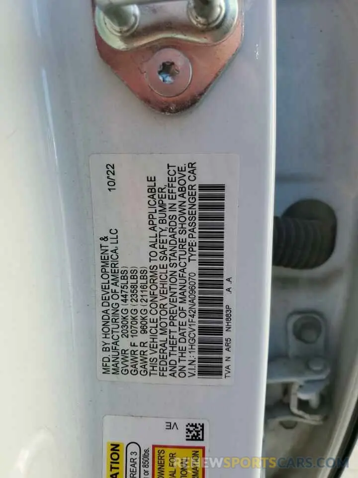 13 fotografías del automóvil dañado 1HGCV1F42NA096070 HONDA ACCORD 2022