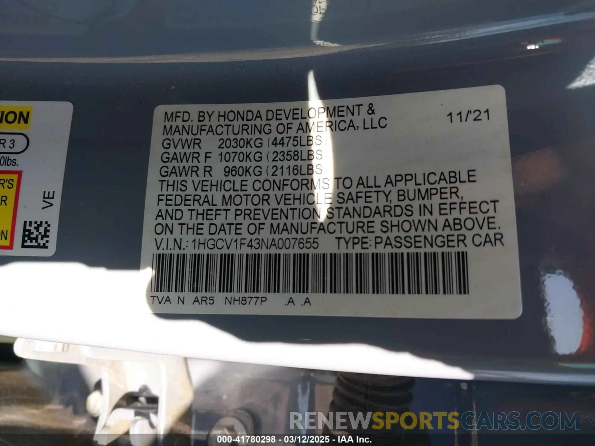 9 fotografías del automóvil dañado 1HGCV1F43NA007655 HONDA ACCORD 2022