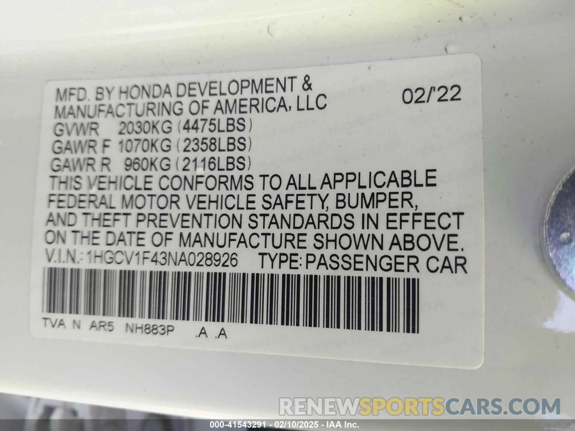 9 fotografías del automóvil dañado 1HGCV1F43NA028926 HONDA ACCORD 2022