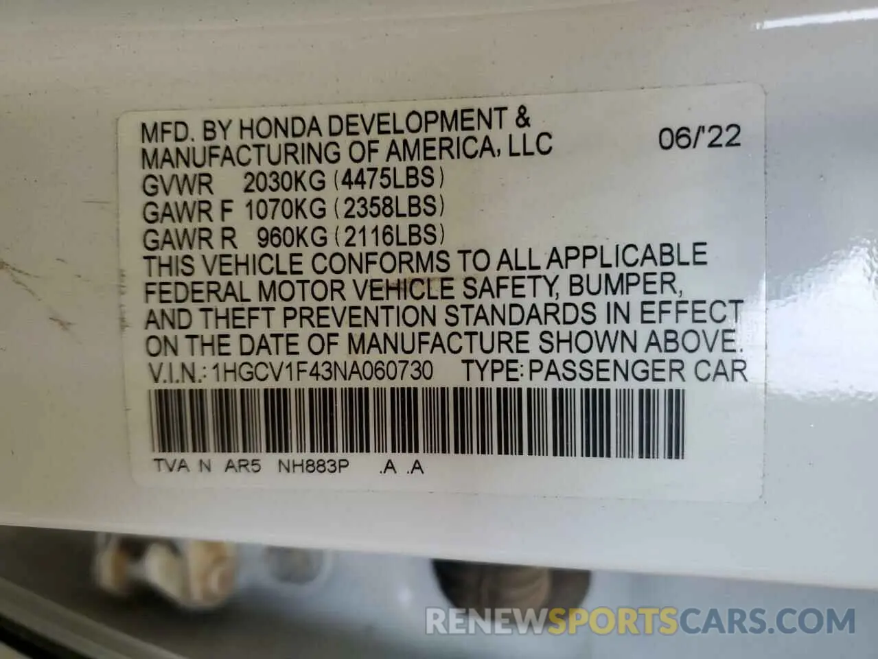 12 fotografías del automóvil dañado 1HGCV1F43NA060730 HONDA ACCORD 2022