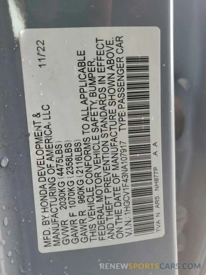 13 fotografías del automóvil dañado 1HGCV1F43NA107917 HONDA ACCORD 2022