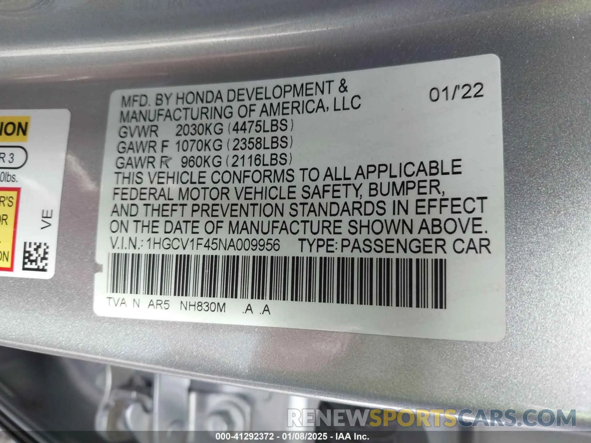 9 fotografías del automóvil dañado 1HGCV1F45NA009956 HONDA ACCORD 2022