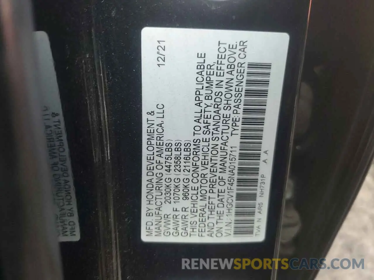12 fotografías del automóvil dañado 1HGCV1F45NA015711 HONDA ACCORD 2022