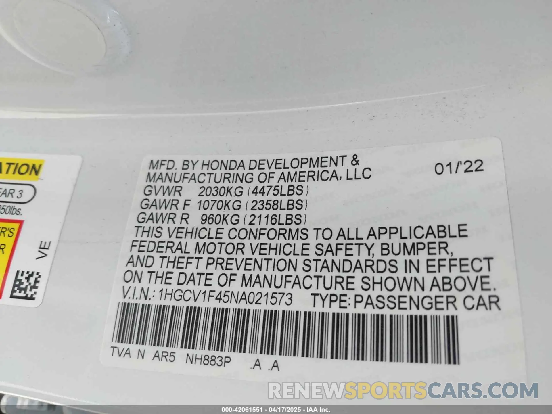 9 fotografías del automóvil dañado 1HGCV1F45NA021573 HONDA ACCORD 2022