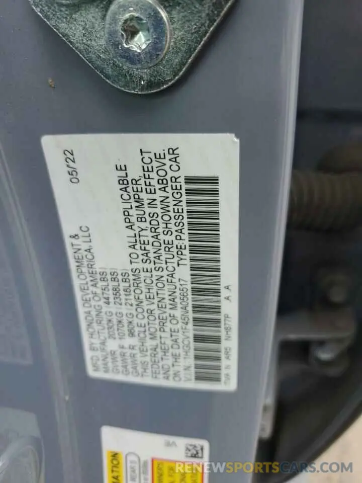 12 fotografías del automóvil dañado 1HGCV1F45NA056517 HONDA ACCORD 2022