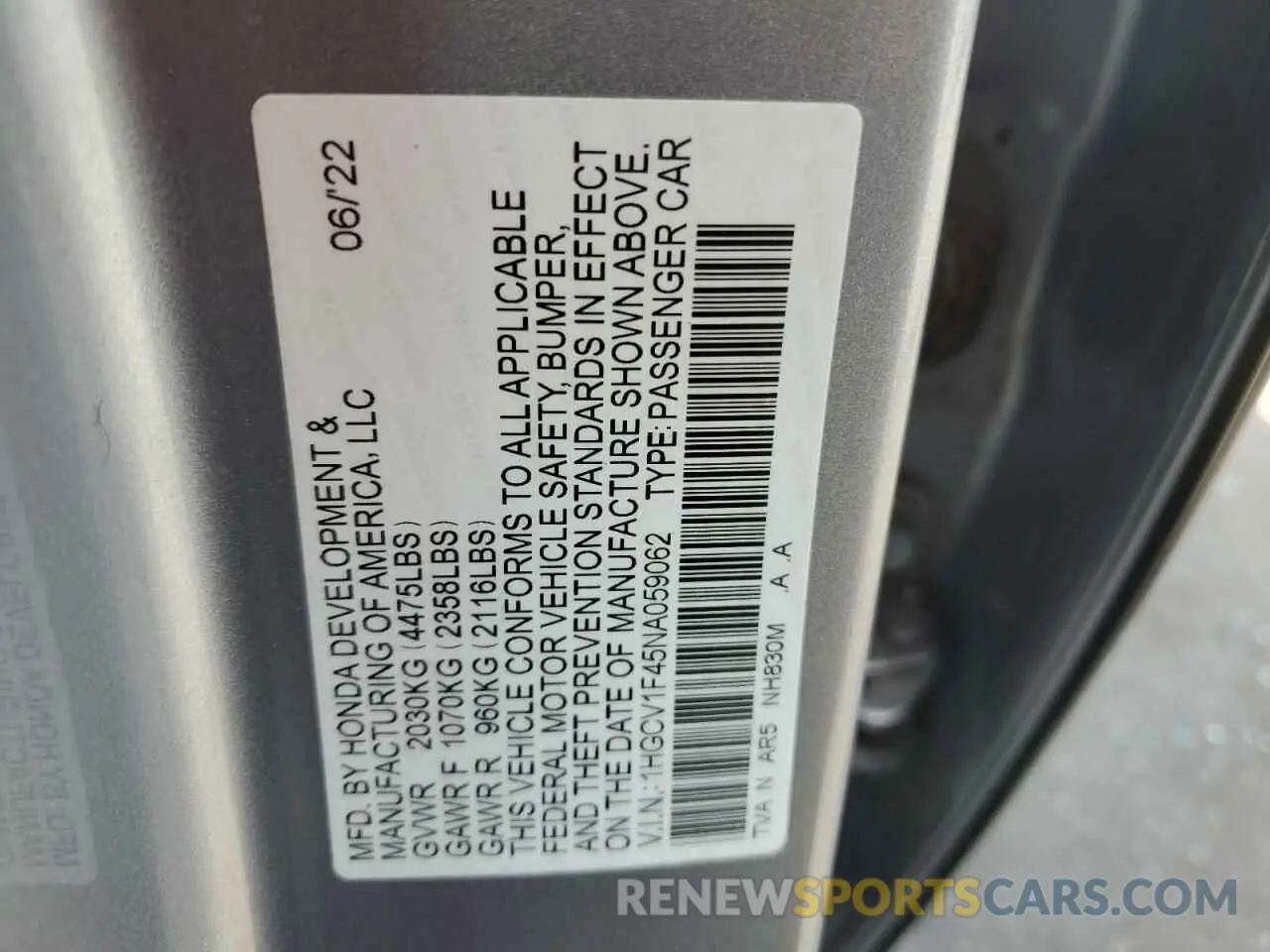 12 fotografías del automóvil dañado 1HGCV1F45NA059062 HONDA ACCORD 2022