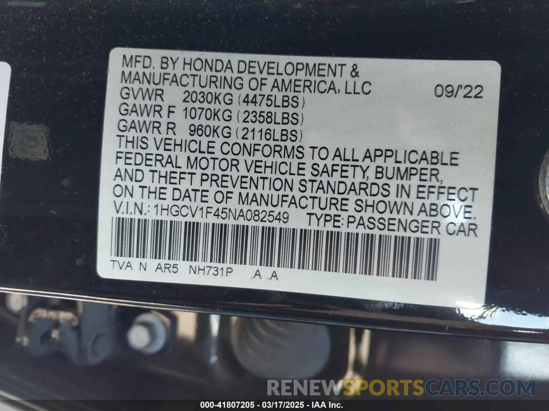 9 fotografías del automóvil dañado 1HGCV1F45NA082549 HONDA ACCORD 2022