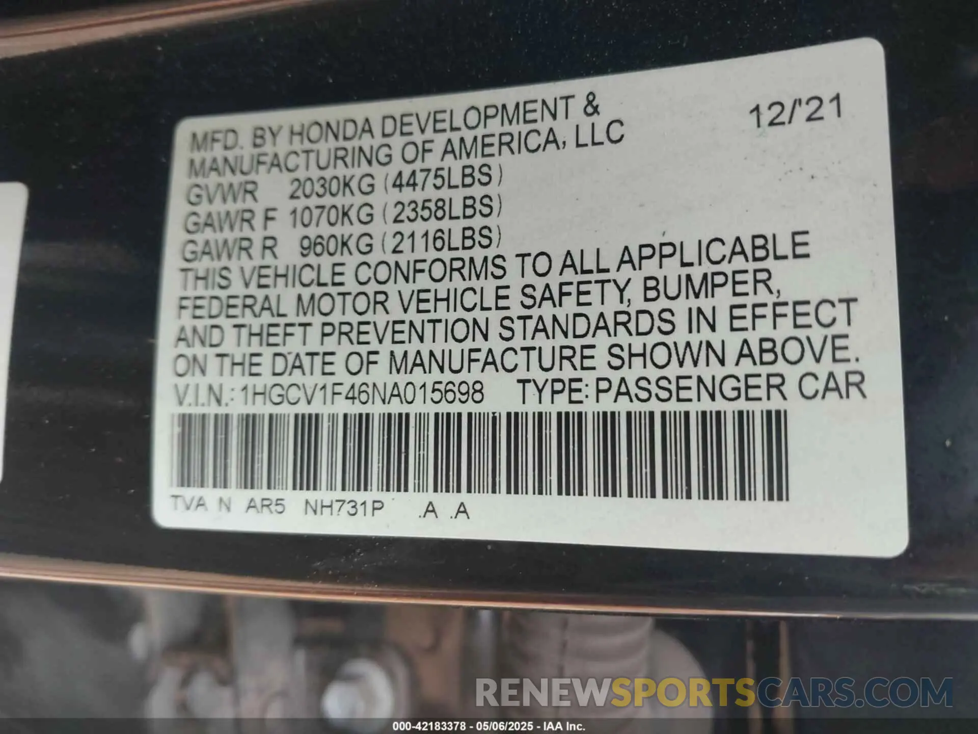 9 fotografías del automóvil dañado 1HGCV1F46NA015698 HONDA ACCORD 2022