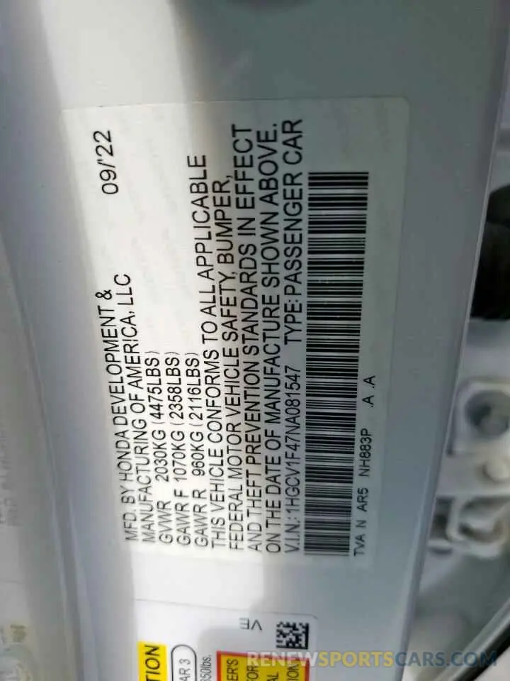 12 fotografías del automóvil dañado 1HGCV1F47NA081547 HONDA ACCORD 2022