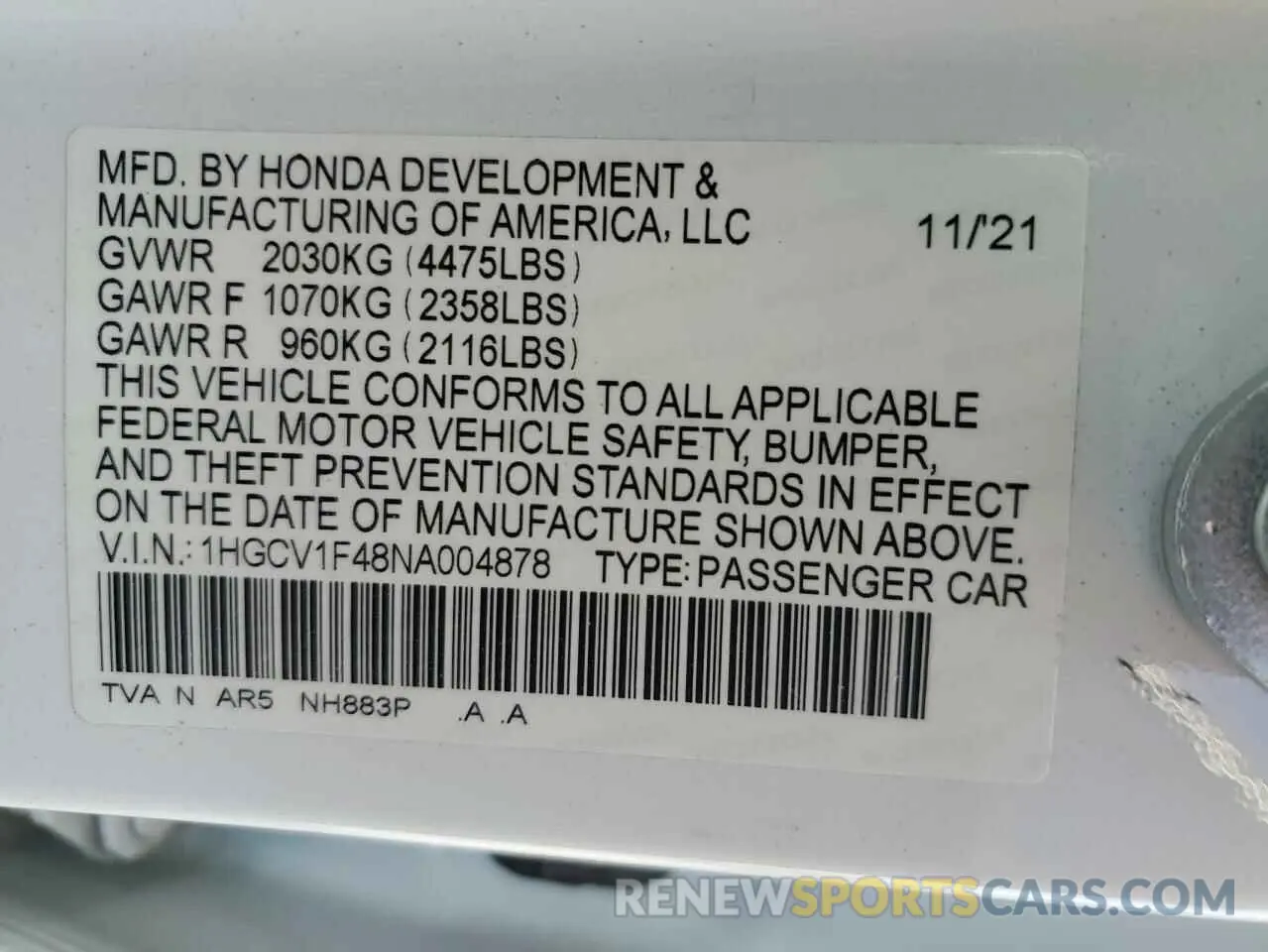 13 fotografías del automóvil dañado 1HGCV1F48NA004878 HONDA ACCORD 2022