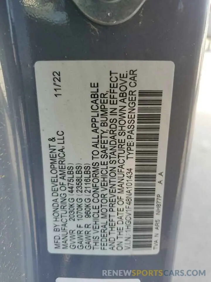12 fotografías del automóvil dañado 1HGCV1F48NA101434 HONDA ACCORD 2022