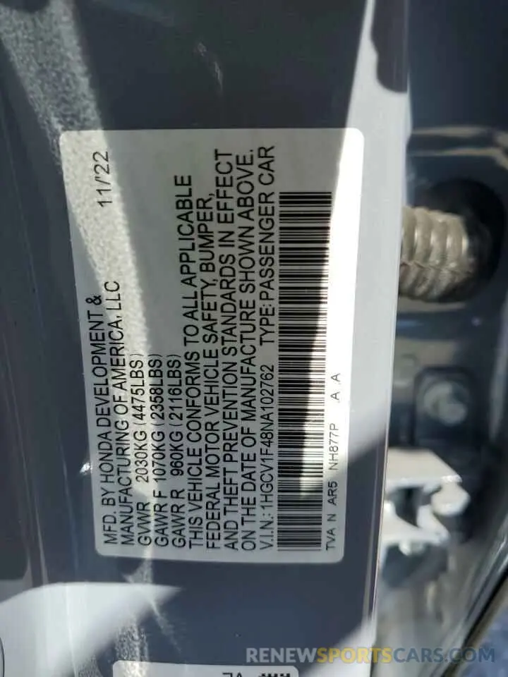 13 fotografías del automóvil dañado 1HGCV1F48NA102762 HONDA ACCORD 2022