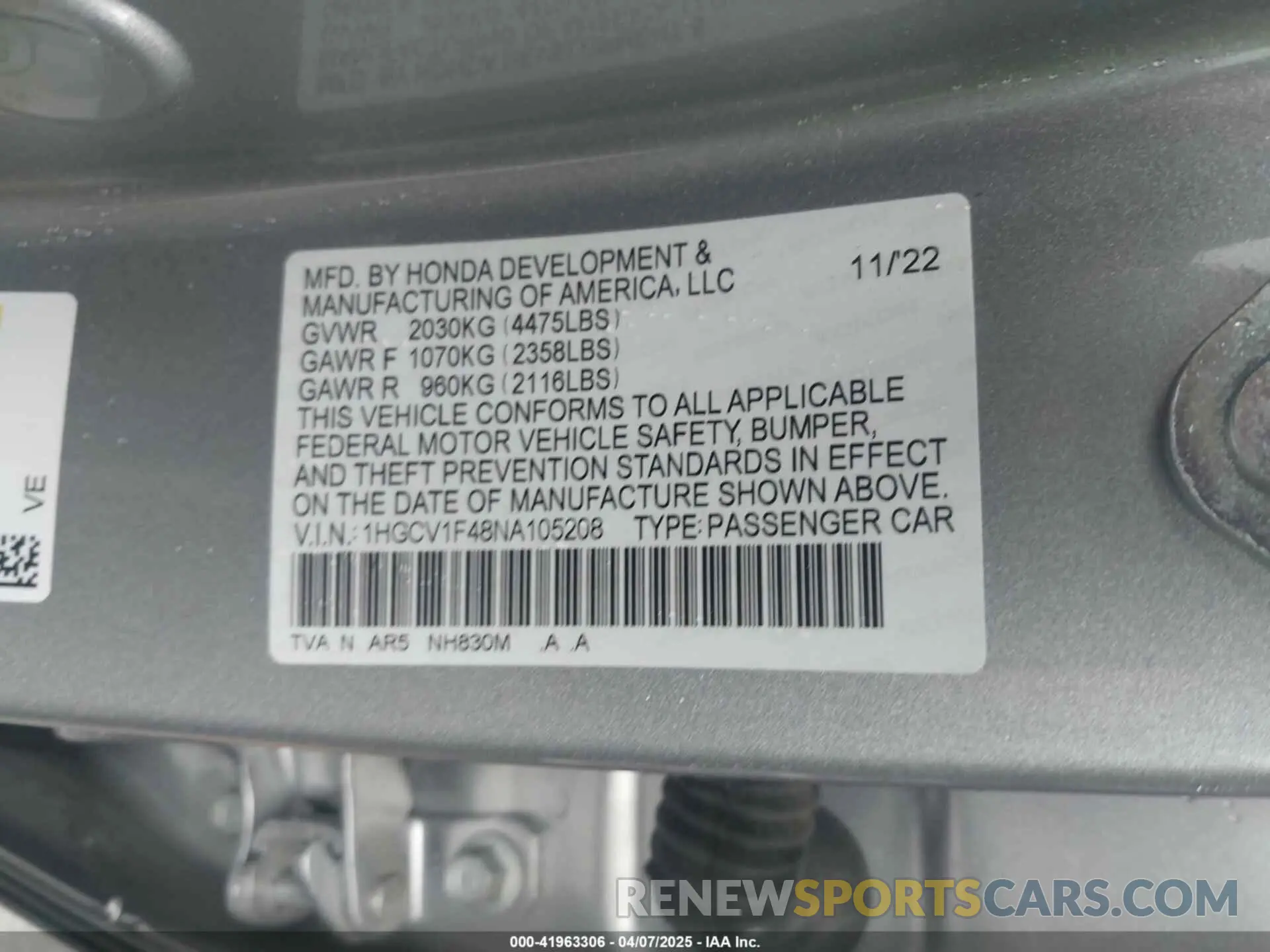 9 fotografías del automóvil dañado 1HGCV1F48NA105208 HONDA ACCORD 2022
