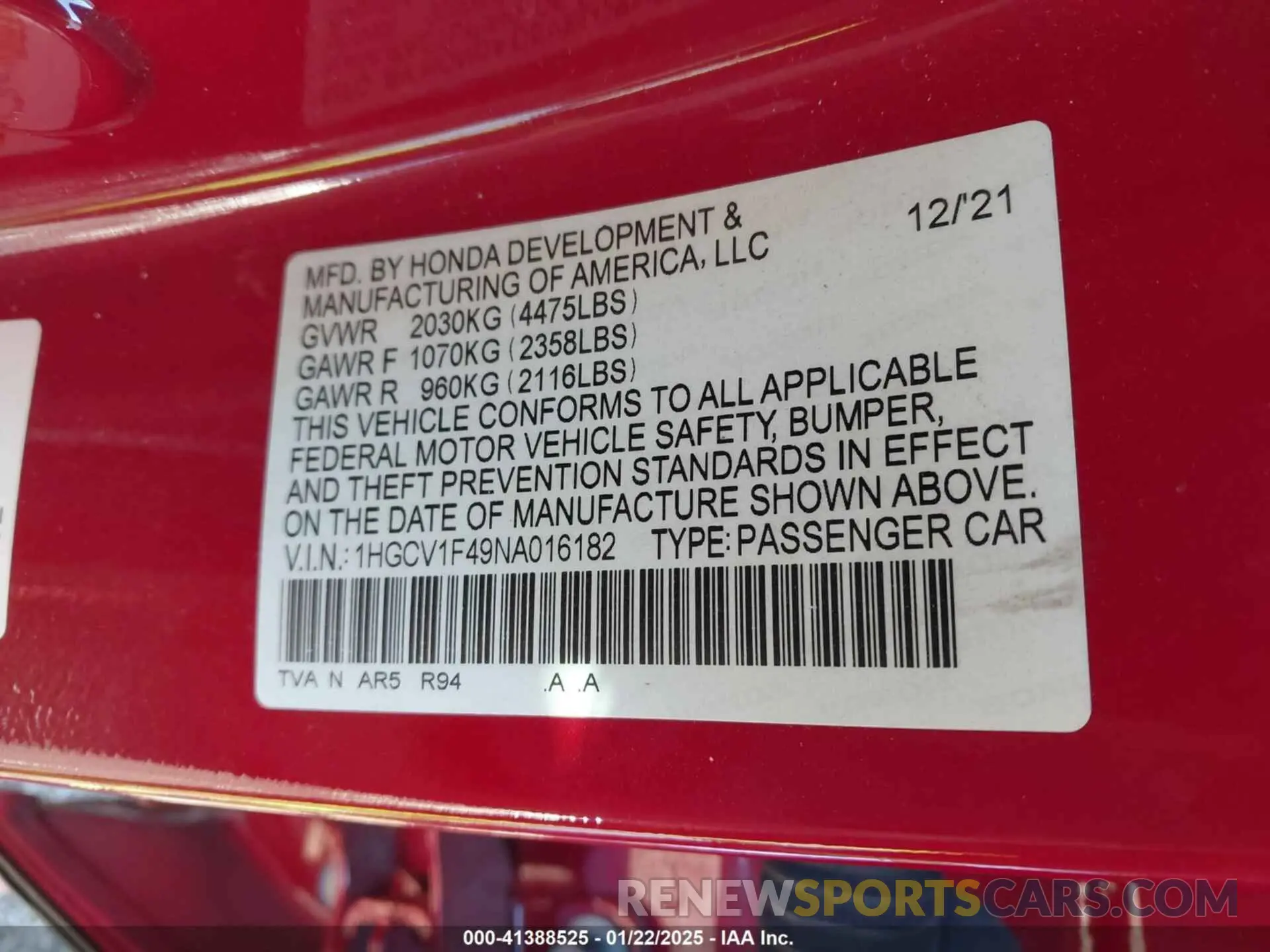 9 fotografías del automóvil dañado 1HGCV1F49NA016182 HONDA ACCORD 2022