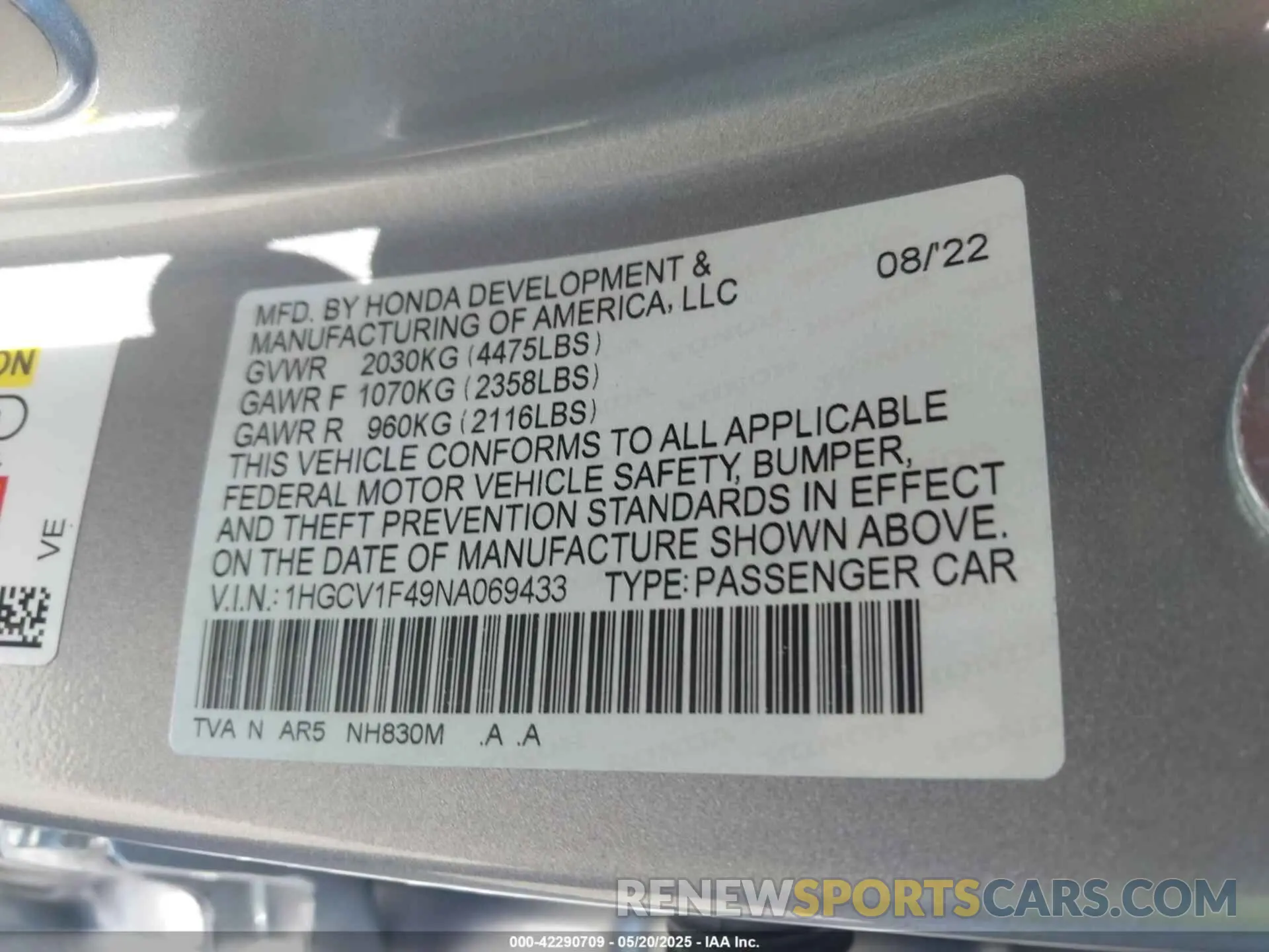 9 fotografías del automóvil dañado 1HGCV1F49NA069433 HONDA ACCORD 2022