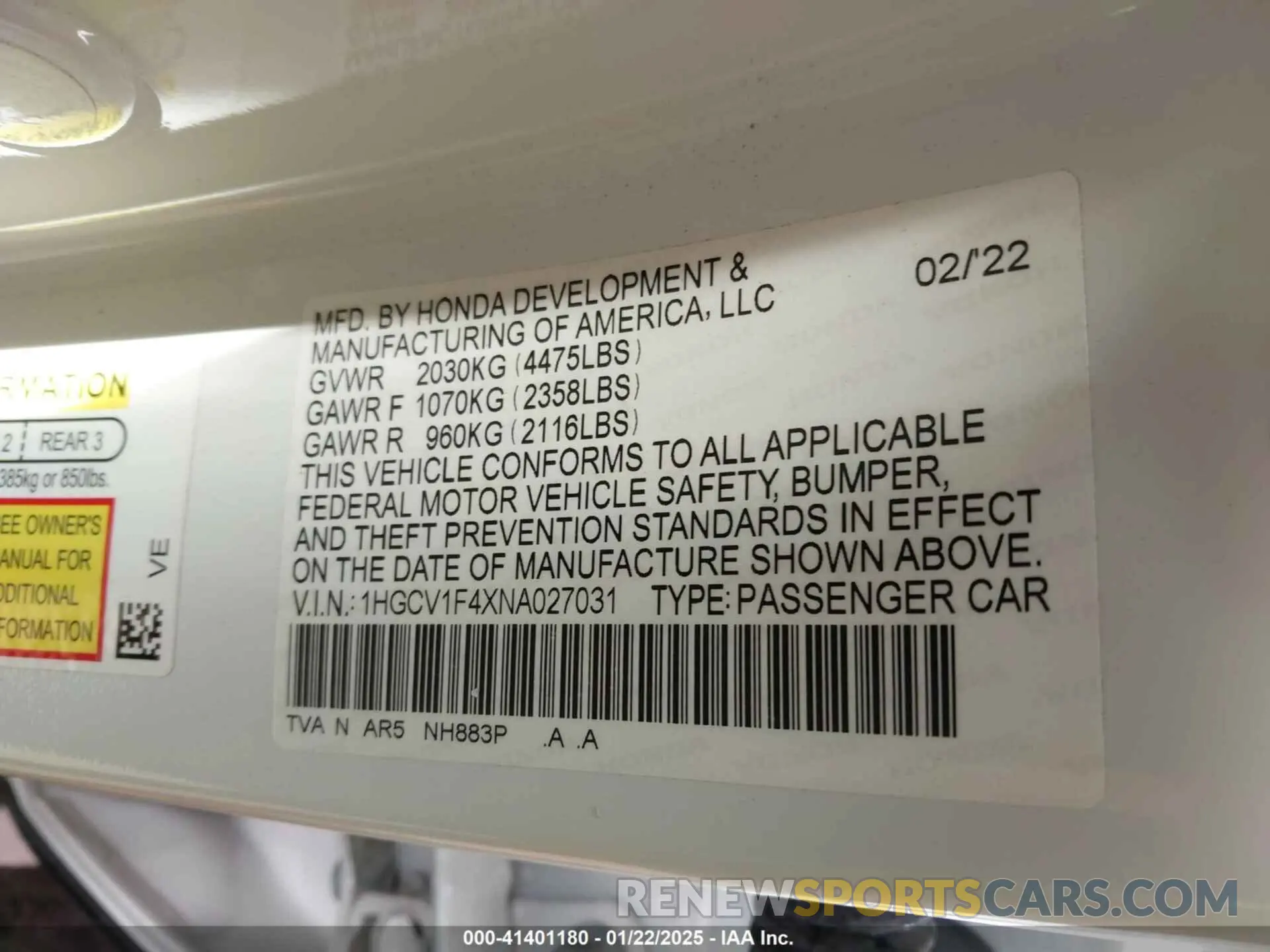 9 fotografías del automóvil dañado 1HGCV1F4XNA027031 HONDA ACCORD 2022