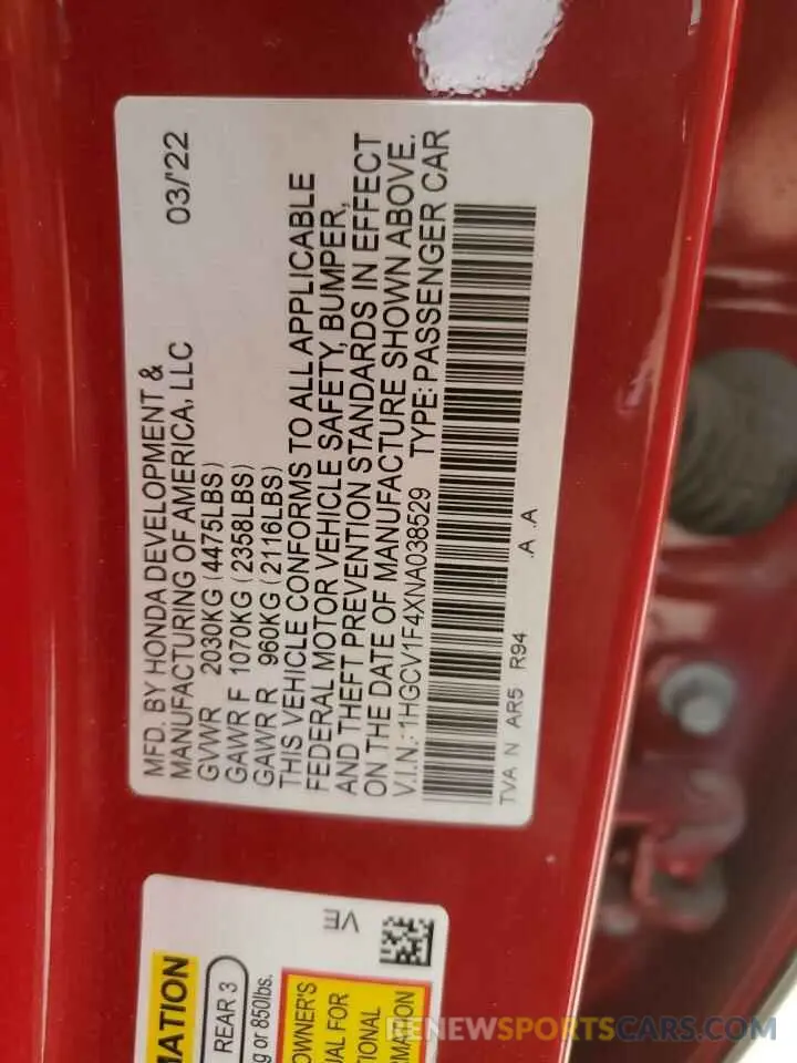 12 fotografías del automóvil dañado 1HGCV1F4XNA038529 HONDA ACCORD 2022