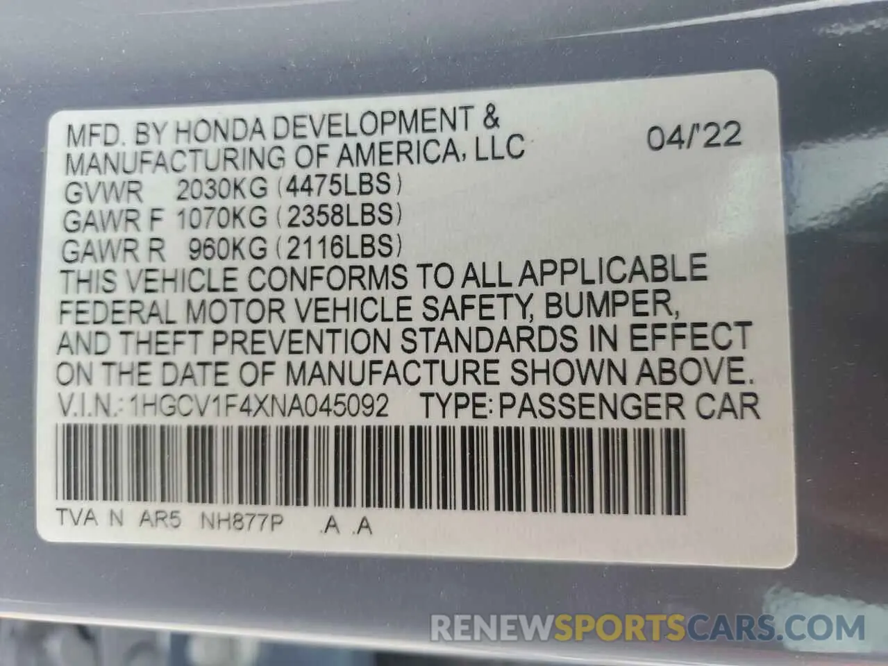 12 fotografías del automóvil dañado 1HGCV1F4XNA045092 HONDA ACCORD 2022