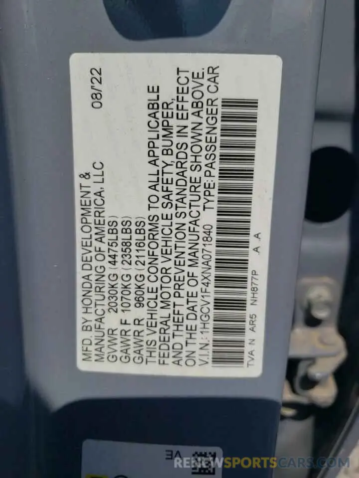 13 fotografías del automóvil dañado 1HGCV1F4XNA071840 HONDA ACCORD 2022