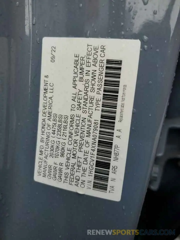 13 fotografías del automóvil dañado 1HGCV1F4XNA079081 HONDA ACCORD 2022