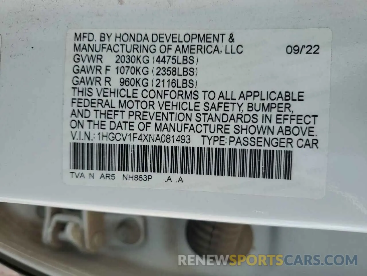 14 fotografías del automóvil dañado 1HGCV1F4XNA081493 HONDA ACCORD 2022