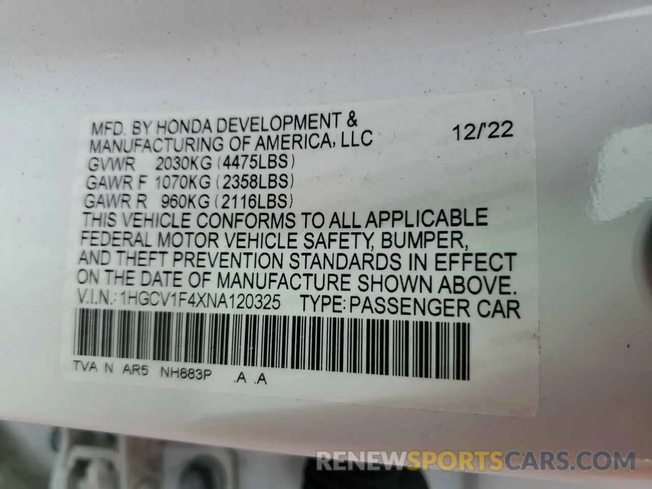 12 fotografías del automóvil dañado 1HGCV1F4XNA120325 HONDA ACCORD 2022