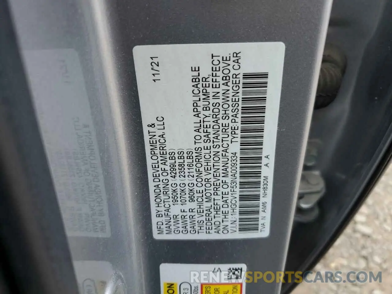12 fotografías del automóvil dañado 1HGCV1F53NA009334 HONDA ACCORD 2022